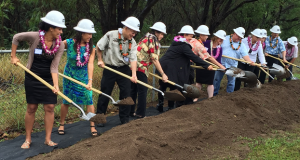 Governor David Ige (6th from left), State Librarian Stacey Aldrich (7th from left) and other distinguished guests participated in the traditional groundbreaking ceremony.