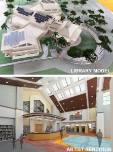 Library model and artist rendition of new branch