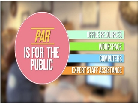Public Access Room logo, text: "PAR IS FOR THE PUBLIC" "OFFICE RESOURCES" "WORKSPACE" "COMPUTERS" "EXPERT STAFF ASSISTANCE"
