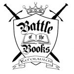 Battle of the Books logo, A shield with a book in the middle saying "Battle of the Books", a crown, and two swords crossing behind the shield