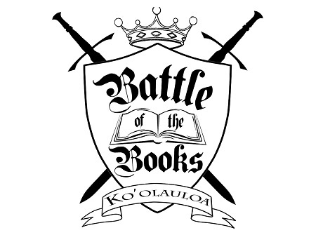 Battle of the Books logo, A shield with a book in the middle saying "Battle of the Books", a crown, and two swords crossing behind the shield