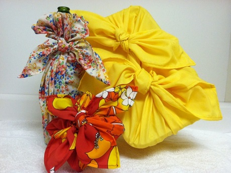 3 wrapped gifts using a furoshiki cloth