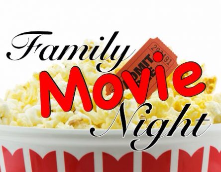 popcorn bucket with movie ticket sticking out with text family movie night on top