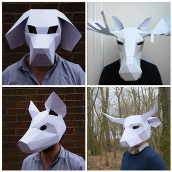 people wearing head-covering masks like elephany, dog, moose, and bull