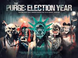 movie cover: "The Purge: Election year" various people wearing disturbing costumes