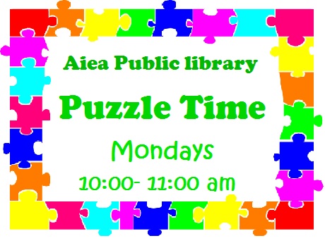 Aiea puzzle time with a rainbow puzzle piece border