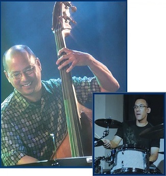 left picture: guy playing cello, right picture: man playing drums