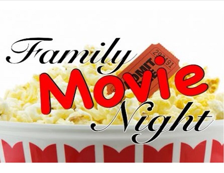 Family Movie Night design with popcorn and an admit one ticket