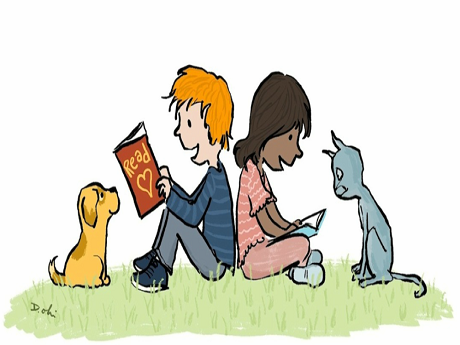 Children reading to a dog and cat