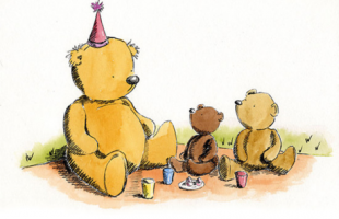 Three cartoon teddy bears having a picnic