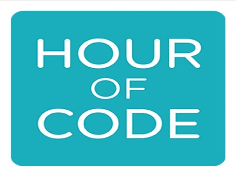 Blue background with text: "HOUR OF CODE"