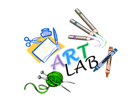 text: "ART LAB", crayons, yarn, art supplies and color pencils