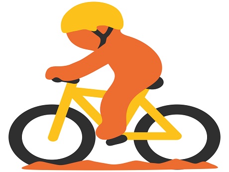 orange cartoon figure riding a bike