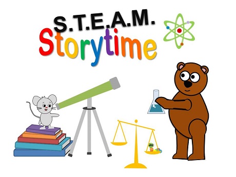 Logo for STEAM storytime with cartoon animals doing experiments