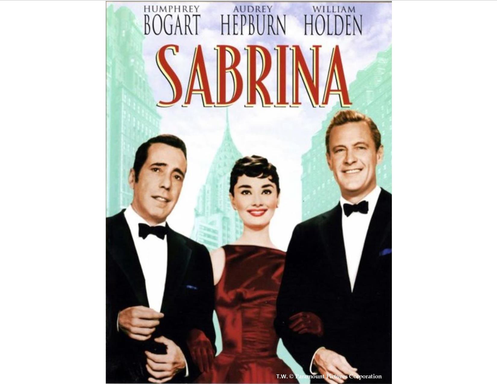 Sabrina movie poster: two fellows in tux and one female in a red dress