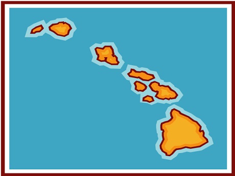 roughly depicted cartoon Hawaiian islands with water surrounding