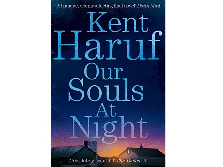 Book Cover: "Kent Haruf Our Souls at Night", starry night with sunset over two farm houses