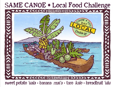 Same Canoe flyer: canoe on water holding various hawaiian plants and fruits