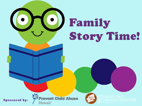 Bookworm story time logo with sponsorship by PACT and Prevent Child Abuse Hawaii