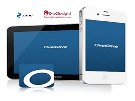 OverDrive, Zinio, OneClickdigital logos