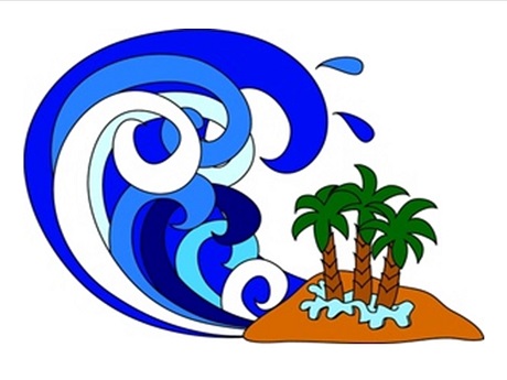 cartoon tsunami about to hit an island with three palm trees