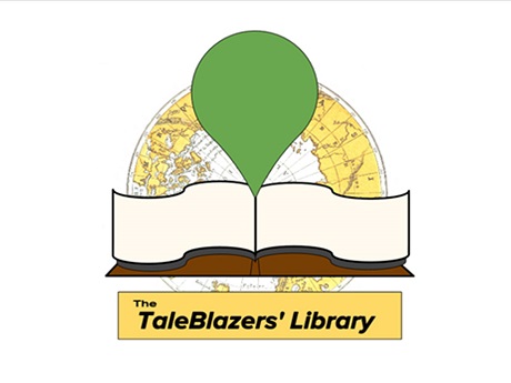 "The TaleBlazers' Library" with a balloon or pin on a book with a map in the back
