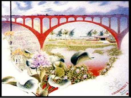 Hanamaulu 2 painting with a bridge, trees, river and flowers