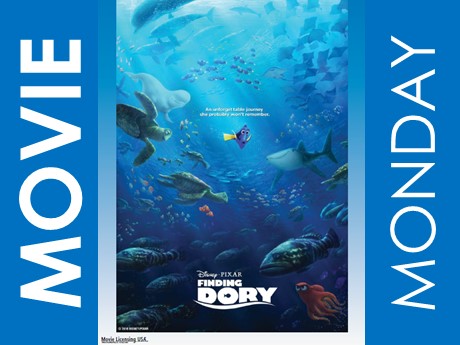 Movie cover: "Finding Dory", Dory swimming in the middle surrounded by sea creatures