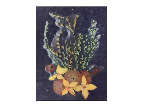 blue card with dried plants glued on