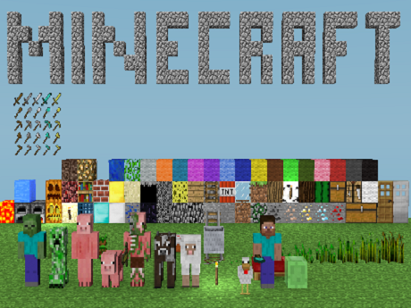 minecraft title with characters below