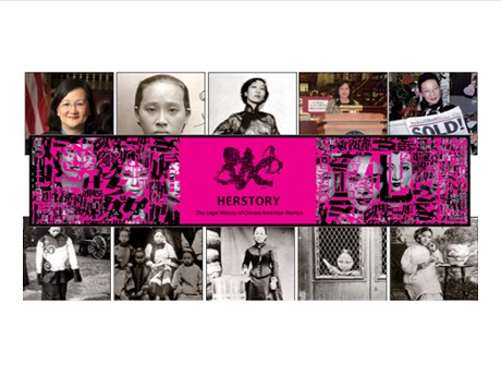 Image panels from Herstory photo display with written explanation about Chinese-American women's legal history