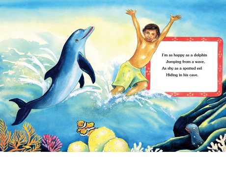 painting of dolphin and boy playing in ocean wave