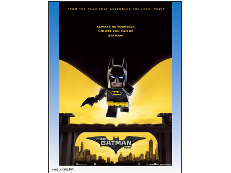 Movie Cover: Batman Lego with Batman jumping over a bridge with a backdrop of Gotham City