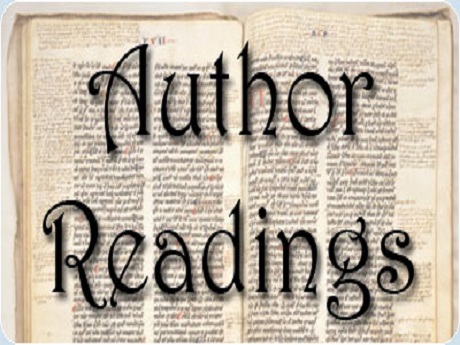 text: "Author Readings", on top of an old handwritten book