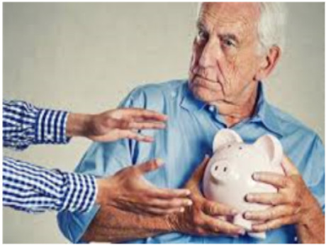 Senior protects piggy bank from grasping hands