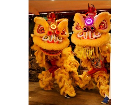 Two Lion dancers posing together in an athletic stance.