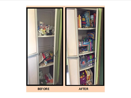 Photos of closet before and after reorganizing of its contents.