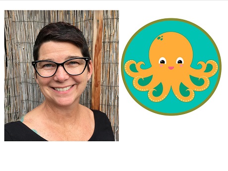 headshot of a lady on the left side of an octopus drawing