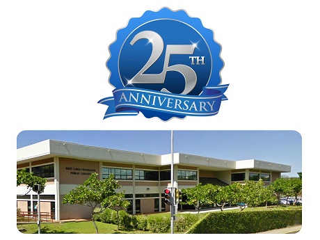 25th anniversary seal with photo of Salt Lake-Moanalua Public Library