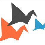 orange black and blue origami flying cranes