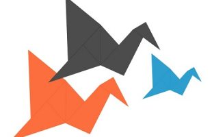 orange black and blue origami flying cranes