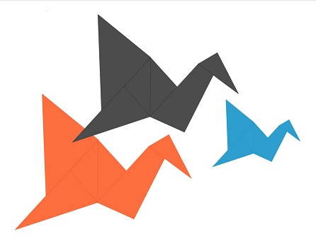 orange black and blue origami flying cranes