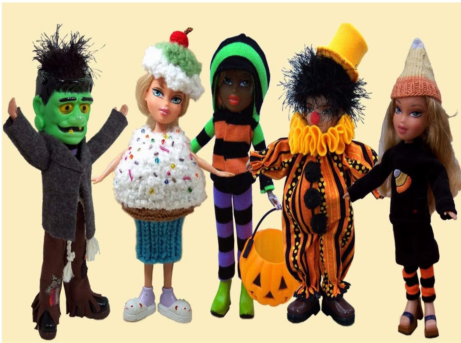 Barbie Halloween Dolls dressed like Frankenstein, ice cream, flanneled checkered outfit, jack-o-lantern and candy corn