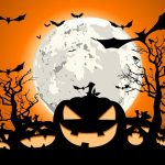Halloween night with jack-o'-lanterns, bats, and full moon