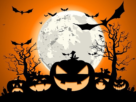 Halloween night with jack-o'-lanterns, bats, and full moon