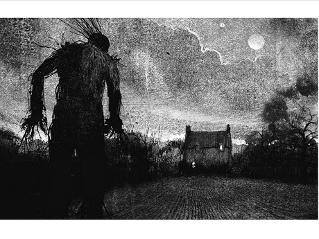 Black and white drawing of a monster walking toward a house