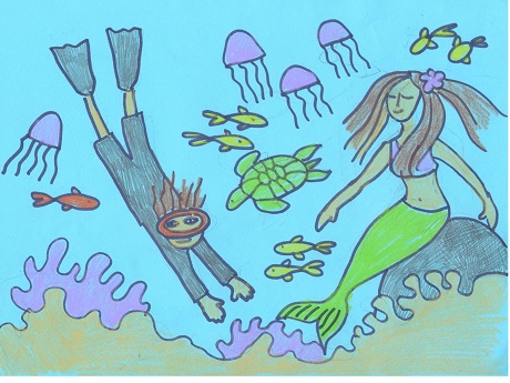 kid's drawing of coral reef with diver, mermaid, and sea creatures
