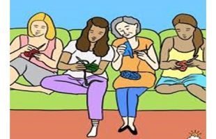 Women on couch knitting