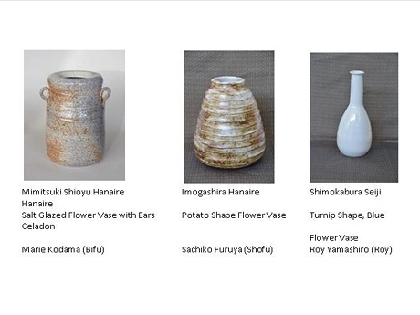 images of 3 flower vases used in Japanese tea ceremony and captions with artisan's names and type of vase