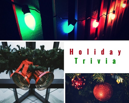 holiday trivia text in photo collage with christmas lights, bells, and ornaments